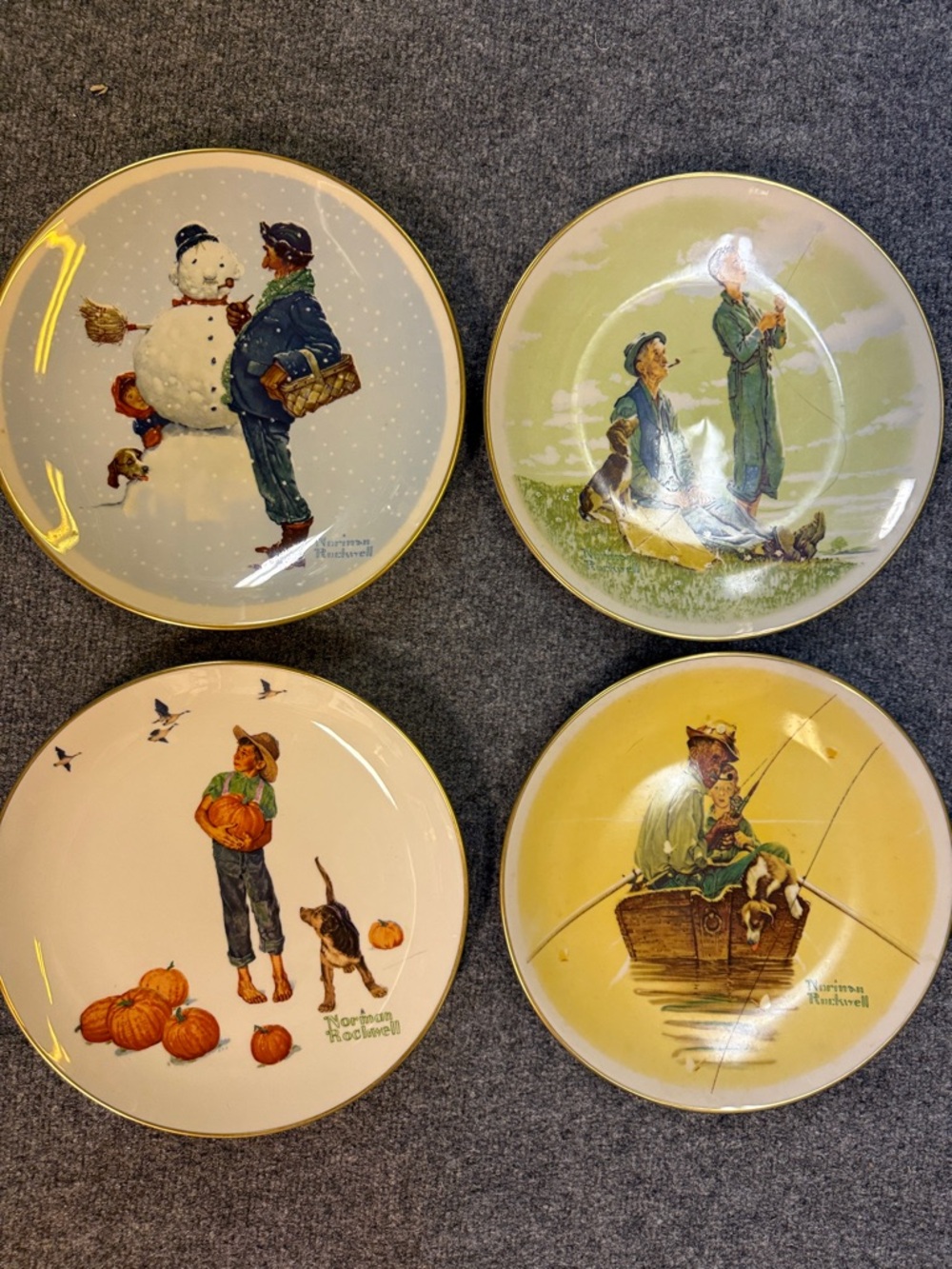 Norman Rockwell Decorative Plate Set in Green, Yellow, Cream, White